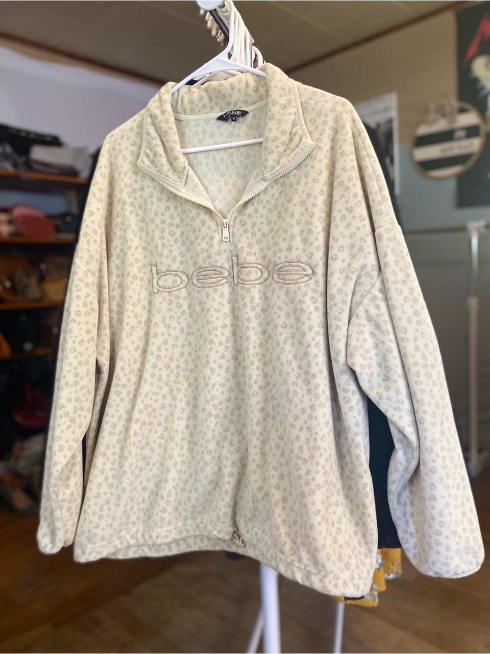 bebe Women's Cream Leopard-Print Quarter-Zip Fleece Pullover